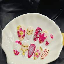 10pcs Handmade Press On False Nails Pink White Tropical Floral Style 3D Flower Gold Chain Rhinestone Nail Charms Full Cover Nail Art Daily Wear Party Vacation Spring Summer Unas Postizas - Pink - View 11