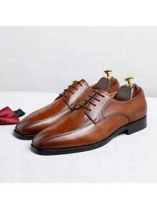 Distressed Square Toe Lace-Up Leather Shoes Men, Derby Dress Shoes For Plus Size Men, Business Polyester Lace-Up Office Shoes, All Season - Brown - View 6