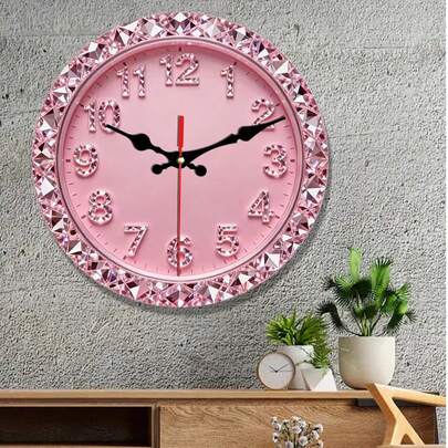 1个粉色水晶豪华静音无滴答挂钟，花卉数字，静音功能 - 电池供电 - 圆形现代时钟，适合客厅、卧室、办公室装饰 - 木质框架、机芯、2D平面设计