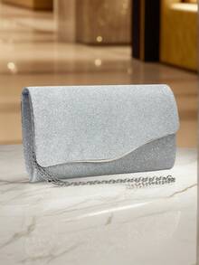 Bolso de noche de mujer con diseño de sobre plateado, bolso de mano para fiesta/boda con correa de hombro con cadena, embrague de terciopelo de moda - Plateado - Ver 9