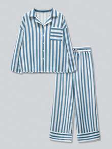 Conjunto de Camisa Listrada Azul e Branca com Bolso Elegante Casual Boêmio Elegante Nó, Adequado para Praia, Resort, Rua e Aeroporto, Primavera, Plus Size Feminino - Azul e Branco - Visão 4