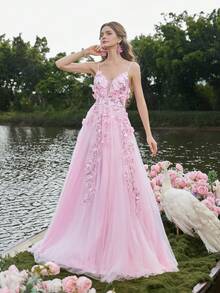 Faeriesty Đầm maxi dây mảnh thanh lịch với chất liệu vải voan mỏng và chi tiết ren chéo lưng, thích hợp cho đám cưới ngoài trời, chụp ảnh lãng mạn bên hồ, chụp ảnh cưới, lễ đính hôn và tiệc kỷ niệm ngày cưới. - Hồng - Xem 8