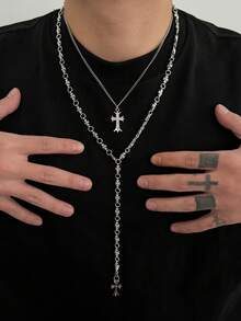 2件套哥特朋克风十字架吊坠项链套装，Y型链上镶嵌水钻十字架吊坠，复古摇滚设计，百搭日常、休闲、街头、婚礼、派对、节日等场合，男女皆宜的时尚首饰礼品 - 項鍊 - 查看 3
