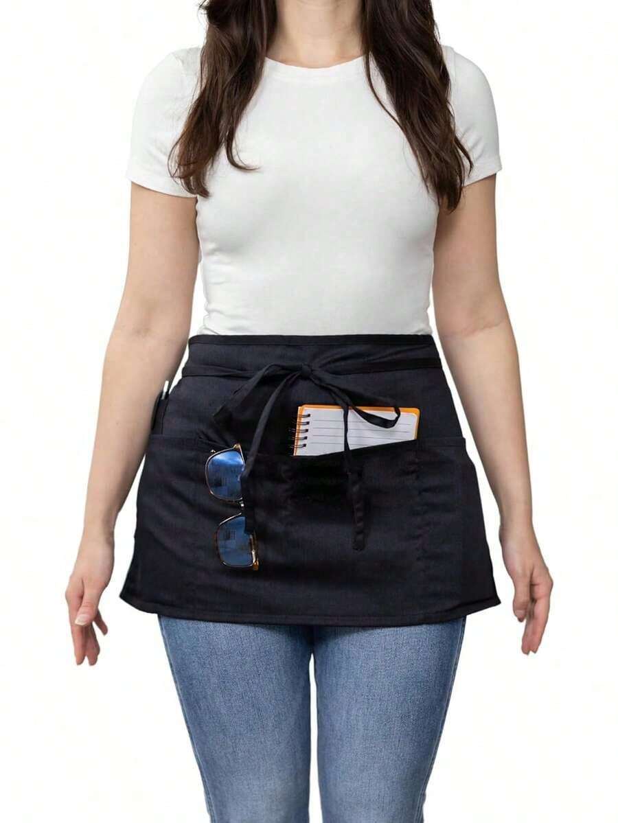 1pc Waitress Apron With Pockets, Short Apron With Pockets, Waist Apron, Server Apron With 3 Pockets, Gardening, Cooking And Waitressing | Long Strap - Black/White - 均碼-黑色 - 查看 1