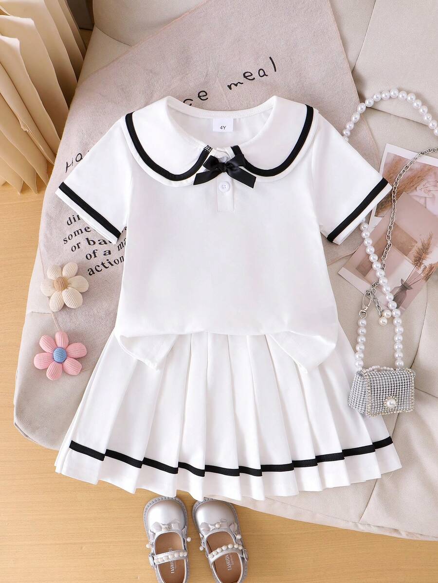 2件套女童彼得潘领黑色蝴蝶结Polo衫+松紧腰褶裙套装，夏季 - 白色 - 查看 1