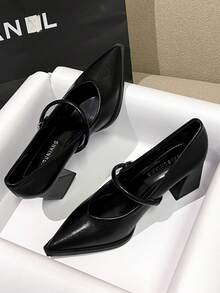 2026 Spring New Fashion Women's High Heel Shoes, Casual Solid Color Beige, Black, Brown Pointed Toe Metal Decor Elegant Minimalist Chunky Heel Loafers - Black - View 3