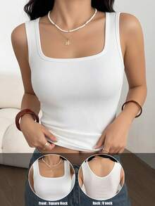 1pc Women's Basic Solid Color Square Neck Sleeveless Tank Top, Casual Comfortable Minimalist Ribbed Fitted Vest, Suitable For All Seasons - White - View 1