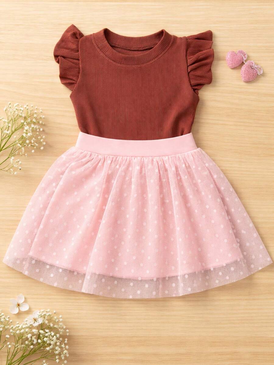 Girls' Outfit Set: Tulle Shorts Skirt With Ruffle And Cropped Top With Ruffled Frills, Pleated, Spring And Summer CJI043 - Baby Pink and Caramel - View 1