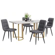 Dining Set (5 Pieces), Table And 4 Chairs, Modern Kitchen Set, 140*80cm Kitchen Table With Gold Metal Legs, White MDF Top, Dark Grey Linen Dining Chairs - Grey - View 3