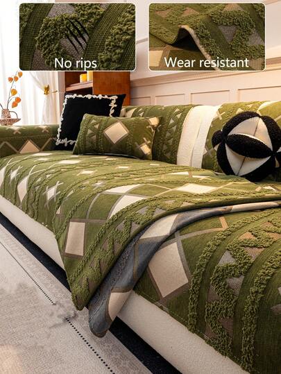 1pc 4-Season Comfortable Chenille Sofa Cushion Cover, Modern Minimalist Non-Slip Sofa Seat Protector, Dust-Proof And Washable Sofa Slipcover, Green Fresh And Soft, Color-Fast, Pet-Friendly, Fits L-Shaped And 1/2/3/4-Seater Sofas For Bedroom, Office, Living Room