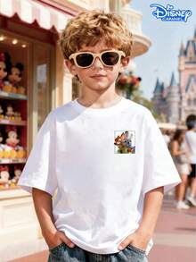 Disney Zootopia Comic Strip Double-Sided Print Kids T-Shirt, White Loose Crew Neck Top, Small Front Logo + Nick, Judy & Friends Comic Back, Full Of Fun Vibe, Breathable Skin-Friendly, All-Match For Summer Park & Street, Unisex - 白色 - 查看 2