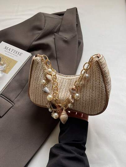 Bolso de paja tejida de estilo retro tipo baguette versátil para el verano y la playa, bolso de hombro minimalista y artístico para mujer