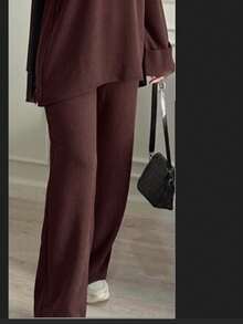 Elegant Plus Size Minimalist Ribbed 2-Piece Set, Suitable For Autumn/Winter Casual Wear, Featuring Round Neck And Batwing Sleeve Design. - Chocolate Brown - View 4