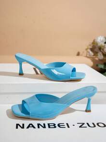 NANBEI ZUO Spring/Summer Vacation Wedding Event Elegant Fashion Versatile Square Toe Kitten Heel Blue Patent Leather Mule Open Toe Classic Women's High Heel Sandals - Sky Blue - View 3