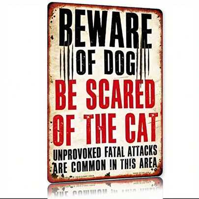1pc Vintage Metal Wall Sign - "Beware Of Dog" Funny Cat Warning, Rustic Iron Art Decor For Home, Bar, Cafe, 8" X 12", Retro Style, Distressed Finish, Cafe Sign | Vintage Wall Art | Durable Metal Art Decor