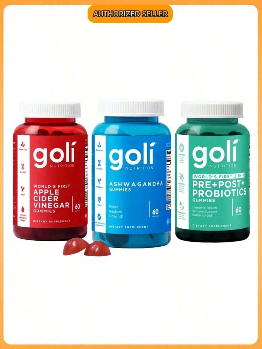 Goli Zero Sugar Best Seller Trio - World's First 3-In-1 Pre, Post, Probiotic, Apple Cider Vinegar With Vitamin B12 And Probiotics To Address Bloating, Ashwagandha & L-Theanine, Vitamin D Gummies. Gluten-Free, Vegan, Non-GMO & Gelatin-Free - 1包 - 查看 1