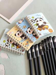 卡通熊猫图案加厚60页A7笔记本+办公圆珠笔文具套装，学习用品 - 隨機款式1本本+9支筆 - 查看 1