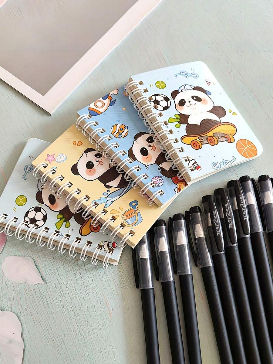 卡通熊猫图案加厚60页A7笔记本+办公圆珠笔文具套装，学习用品 - 隨機款式1本本+9支筆 - 查看 1