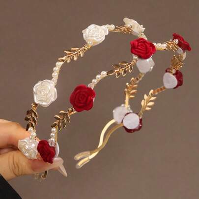 2pcs/1pc Rose Flower Pearl Headband, Bridal Hair Accessory