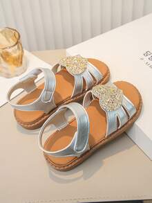 女童银色亮片心形露趾踝带公主凉鞋 - 銀色 - 查看 5