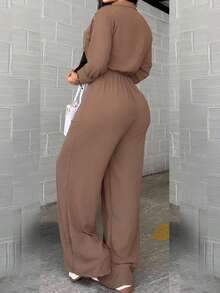 Mono de mujer con cuello de solapa, manga larga, cordón y corte, tejido, elegante para primavera - Caqui - Ver 2