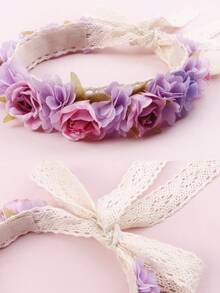 1pc Baby Pink & Purple 3D Flower Headband, Infant Girls' Tie Headwear, Birthday Party Photo Prop - Lilac Purple - View 6