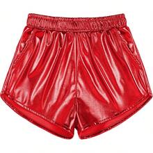 Girls Metallic Shorts Sparkly Hot Pants Shiny Dance Outfits Short Pants - 玫紅色 - 查看 7