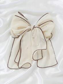 1pc Women's Large Pearl Chiffon Ribbon Bow Hair Clip - White - View 3
