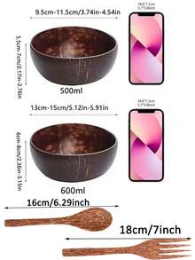 1pc Natural Coconut Shell Bowl With Wooden Spoon And Fork, Salad Bowl, Ice Cream Bowl, Student Bowl, Kitchen Tableware, Wooden Bowl, Wooden Spoon, Yogurt Bowl, Oatmeal Bowl, Salad Bowl, Dessert Bowl - Mocha Brown - View 2