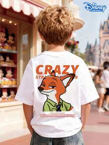Disney Zootopia Nick Double-Sided Print Kids T-Shirt, White Loose Crew Neck Top, Small Fox Logo Front + Big Nick Print Back, "CRAZY" Slogan, Full Of Cool Vibe, Breathable Skin-Friendly, All-Match For Summer Park & Street, Unisex - White - View 3