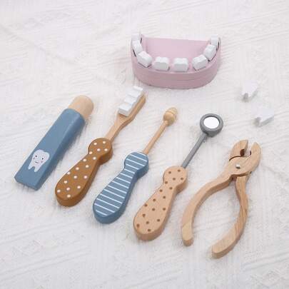 طقم طبيب أطفال خشبي صغير، لعبة ممرضة، لعبة تعليم الأطفال تنظيف الأسنان للعب التمثيلي