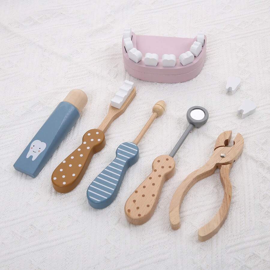 儿童木制小医生玩具牙科套装，护士玩具，宝宝学习刷牙角色扮演游戏 - 彩色 - 查看 1
