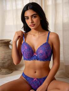 Temptuelle 1 套蕾丝性感聚拢文胸，防下垂 - 藍色 - 查看 5