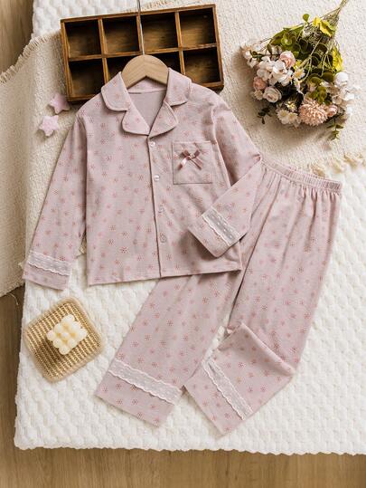 4-7 Years Old Girls Comfortable & Breathable Floral Print Polo Collar Long Sleeve Button Design Top And Straight Leg Pants 2 Piece Set, Suitable For Casual Daily Wear