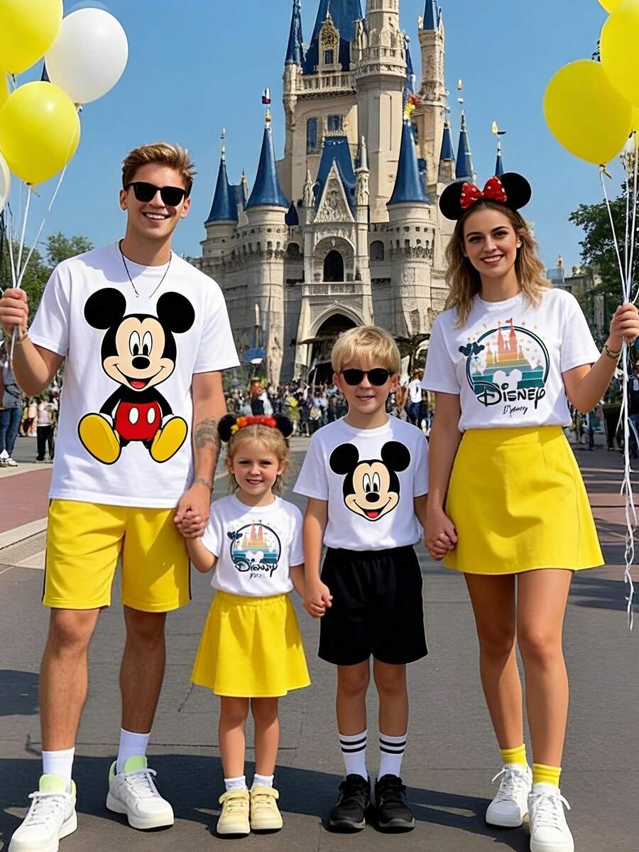 200g, Heavy Cotton, Disney, Mickey, Castle,, Family Matching T-Shirts, Family Of Four - 女士白色 - 查看 1