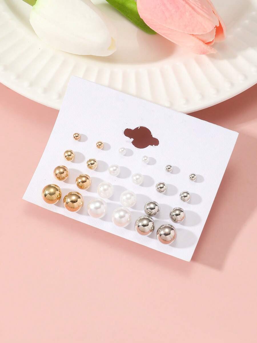 24pcs Set Resin Pearl Inlaid Earrings, Elegant High-End Luxury Earring Jewelry Set - Multicolor - View 1