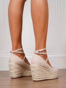 Women's Wedge & Platform Slip-On Espadrille Shoes, Black Round Toe Vacation Beach Woven Strap Sandals, Vacation Rope Sole Elastic Band Paired With Women's Shoes - Apricot - View 10