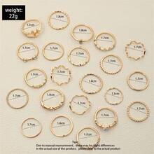 22件套时尚简约水钻心形、波浪形、星形不对称戒指，金色几何关节戒指套装 [闭合式戒指设计，请勿用力弯曲] - 金色 - 查看 3