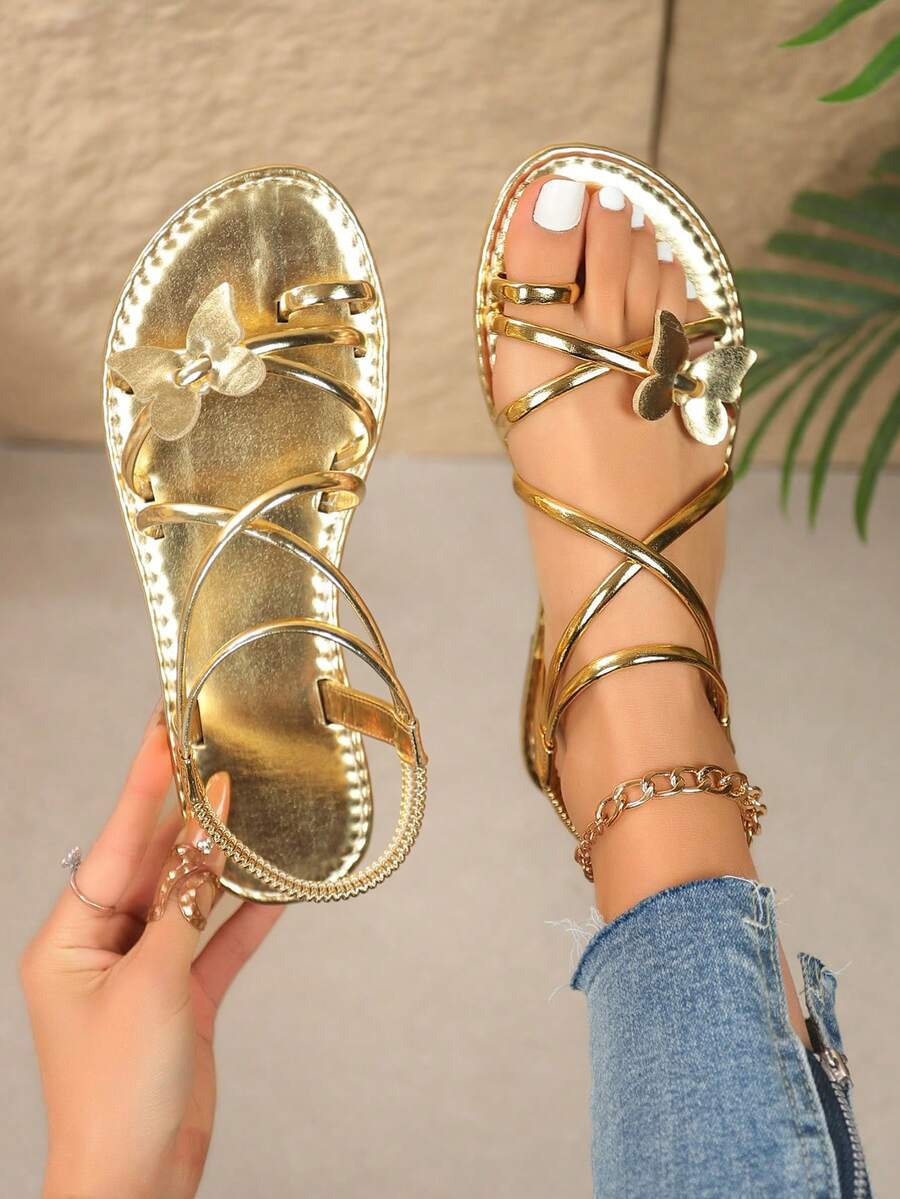 Teens' New Metallic Glossy Butterfly Decor Ankle Strap Flat Sandals, Casual Vacation Style, Daily Commute, Holiday Outing, Gold Metallic Glossy Butterfly Flat Sandals, Silver Metallic Glossy Butterfly Flat Sandals - Gold - View 1