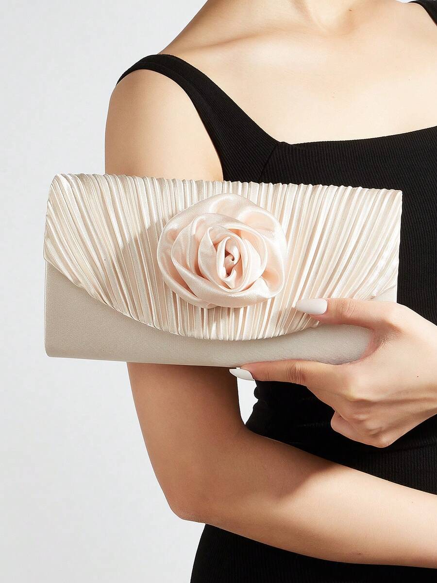 Champagne Satin Pleated Clutch With Satin Rose Applique - Apricot - View 1