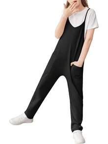 Girls' Casual Sleeveless Jumpsuits Spaghetti Strap Loose Romper Long Pants With Pockets - màu đen - Xem 4
