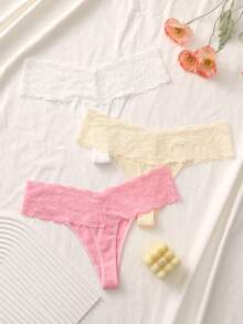 3条装女士性感蕾丝边无缝纯棉丁字裤 - 彩色 - 查看 4