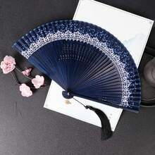 Traditional Chinese Lace Hand Fan, Portable Folding Fan, Japanese Bamboo Craft Fan, Retro Cultural Gift, Pocket Fan - Green 1PC - View 3