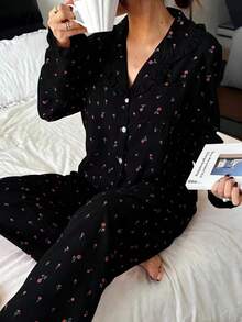 Dreamivo Black Floral Print Ruffle Trim Women Long Sleeve Pajama Set - Black - View 6