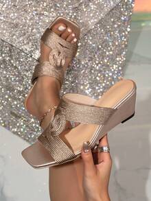 Metallic Champagne Braided Twist Wedge Mules Women Square Toe Woven Strap Satin Wedge Heel Sandals - Champagne - View 1