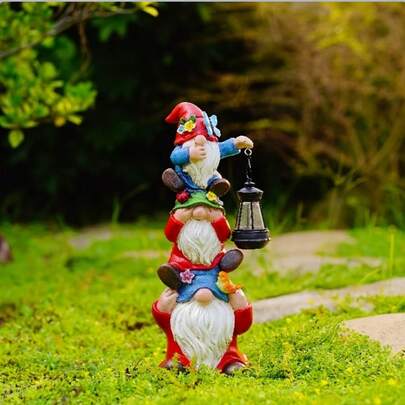 Outdoor Garden Triple Dwarf Statue, Large Garden Sculpture, Funny Tiered Dwarf Outdoor Yard Lawn Decor, Gift For Valentine's Day, Wedding, Home, Ramadan, Room Decor, Kitchen Decor, Ground Stake, Atmosphere Decor, Non-3D, Garden Decoration