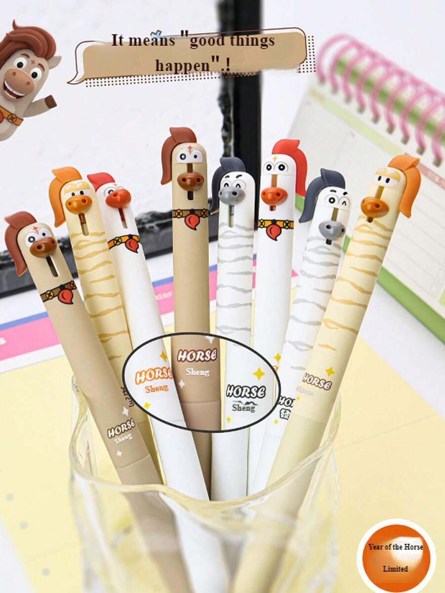 2pcs Pony Style Neutral Pens, 0.5mm Quick-Drying Black Ink, Creative Animal Writing Pens, Office Supplies, Cute Pony Quick-Drying Retractable Ballpoint Pens, Funny Horse Year Limited Edition Pens - Default - View 1