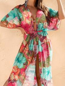 Women's Colorful Floral Print Beach Cover-Up With Tie Waist Vacation Summer - Multicolor - View 4