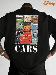 Disney Men's Casual T-Shirt, Cars Character Grid Print, Nostalgic Cartoon Design, Relaxed Fit, Ideal For Disney Fans & Daily Streetwear - 黑色 - 查看 2