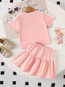 Girls' Sweet Princess Style 2-Piece Set: Pink Round Neck Short Sleeve T-Shirt (Lace Trim + Bow Decor) + Double-Layer Ruffle Hem Skirt, Fresh & Cute Children Outfit - Pink - View 4
